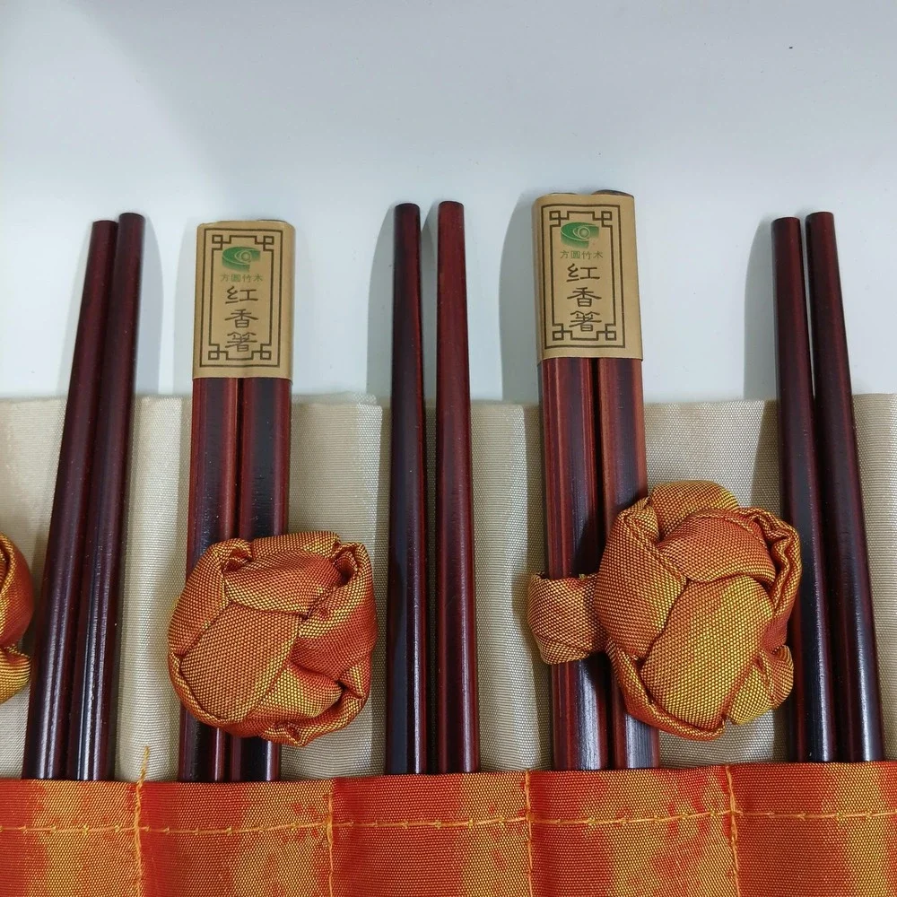 Brown Bamboo Wood Chinese Chopsticks‎ Set 12 Pairs Fabric Travel Rolls Gift